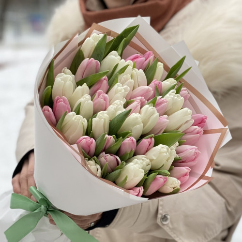 Букет из 51 бело-розового тюльпана